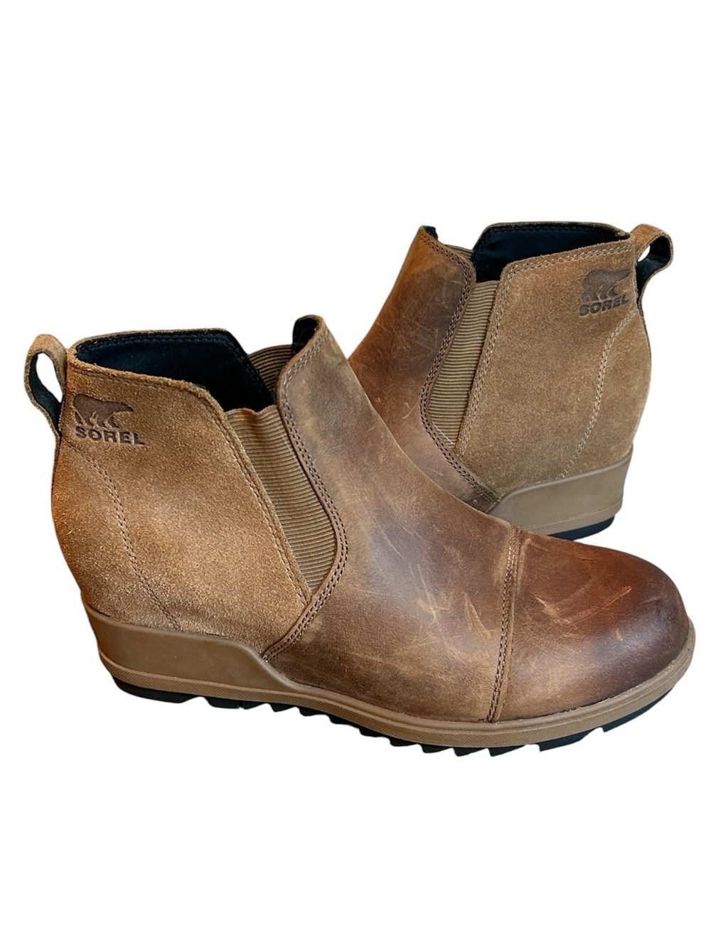 Sorel Evie Pull on Wedge Ankle Boots Women's Size 8 US Brown Leather & Suede